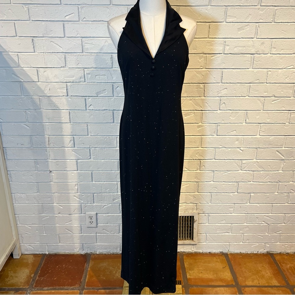 Vintage 90s y2k Alex Evenings Black Halter Collared Sparkle Dress Womens S/M